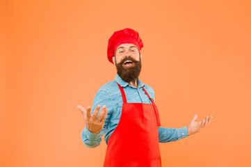 Cook bearded man excited about delicious meals, excellent recipe concept