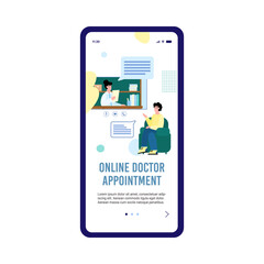 Mobile app on the phone screen with medical online consultation. Female doctor appointments for male patient using internet. Flat cartoon vector illustration.