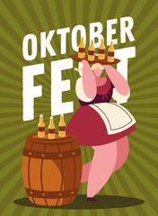 oktoberfest woman cartoon with beer bottles on barrel vector design