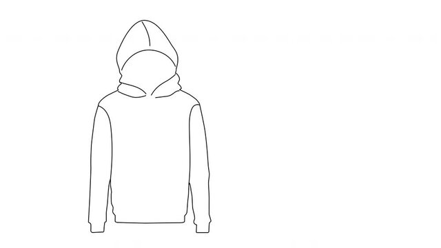 Self drawing animation of violet hoodie cloth outline. Fashion, modern clothing and lifestyle concept. Copy space. White background.