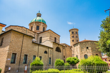 Ravenna archiepiscopal cathedral and baptistery of Neon exterior, behind the Duomo of Ravenna. Relics of early Christian Ravenna are preserved, including mosaics from first cathedral church - obrazy, fototapety, plakaty
