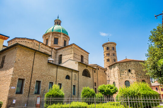 Ravenna archiepiscopal cathedral and baptistery of Neon exterior, behind the Duomo of Ravenna. Relics of early Christian Ravenna are preserved, including mosaics from first cathedral church