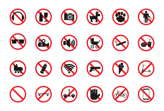 Signs prohibiting entry to the cinema, shop, church, beach, entertainment center, public places. Vector illustration