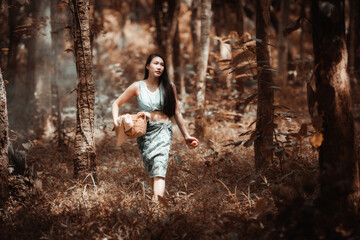 Thai girls enjoying a walk in the garden