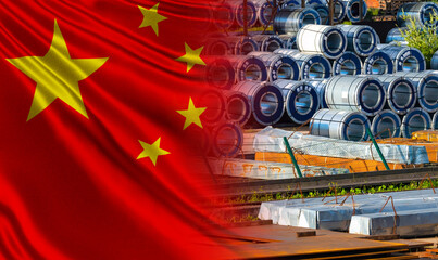 Sheet metal trade with China. Rolls of sheet iron on the background of the flag of PRC. Delivery of...