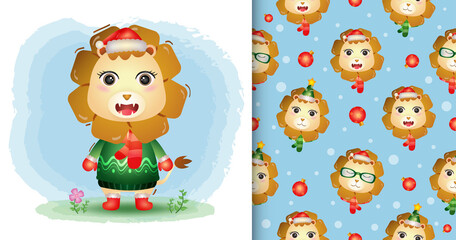 a cute lion christmas characters collection with a hat, jacket and scarf. seamless pattern and illustration designs