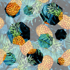 Seamless pattern illustration with pineapple,palm leaves,fern leaves and tropical leaves isolated on tropical background