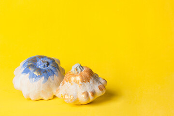 White and gold pumpkins - Halloween decoration on yellow background. Thanksgiving composition on Modern autumn styled. Trendy holiday concept.