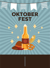 oktoberfest beer bottle pretzel sausage and hat with banner pennant vector design