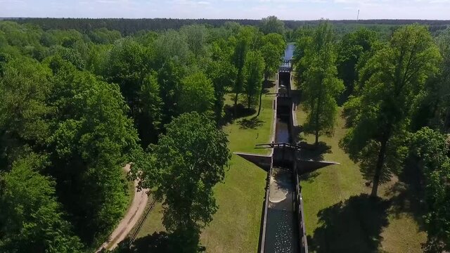 Gateways sluice, locks, on the Augustow Canal, drone view. Belarus