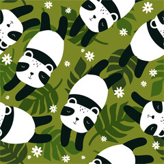 Pandas, palm leaves, hand drawn backdrop. Colorful seamless pattern with animals. Decorative cute wallpaper, good for printing. Overlapping background vector. Design illustration