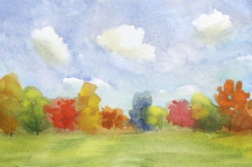 abstract landscape with autumn field and trees various colors with cloudy sky. hand drawn illustration
