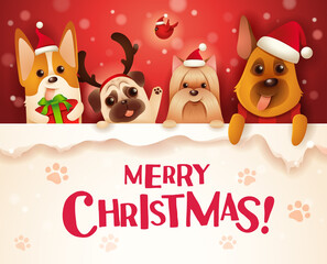 Merry Christmas! Dogs and Puppies with big signboard.