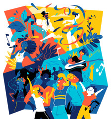 Poster per festival musicali estivi, celebrazioni, feste. Un gruppo di persone è felice di essere insieme per celebrare un evento speciale - obrazy, fototapety, plakaty