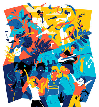 Poster per festival musicali estivi, celebrazioni, feste. Un gruppo di persone è felice di essere insieme per celebrare un evento speciale