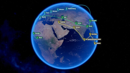 Localization, GPS Navigation, Path Finding in Europe, Africa and Asia. Global Communications - Destinations all over the World. City Names and Locations. Global Positioning System. 3D Illustration.