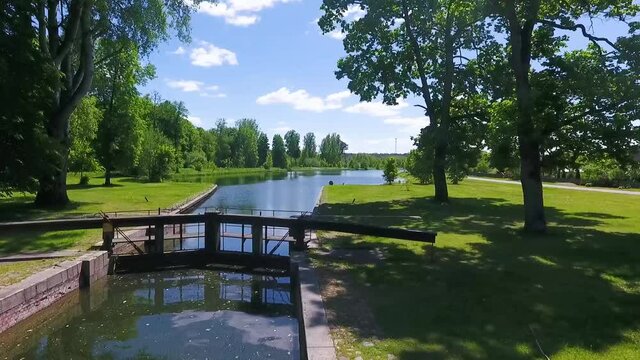 Gateways sluice, locks, on the Augustow Canal, drone view. Belarus