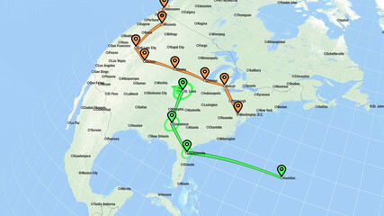 Localization, Gps Navigation, Traveling, Pathfinding Around North America. Global Communications - Destinations All over the World Map. Country Borders. City Names. 3d Rendering.