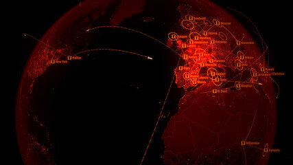 Battlefield Maps. Terror Plans. Bombs Fly Between Cities in Europe and America. World War 3. Nuclear Holocaust. City Names in English. 3d Illustration.