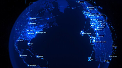 Global Connections over Europe and America. Global Communications - Destinations all over the World. Arrows fly between Cities. 3D Illustration.