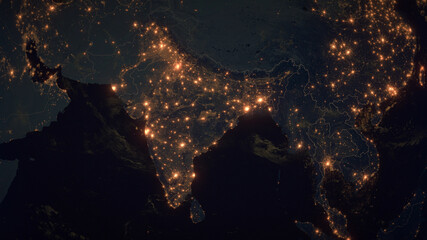 Republic of India - Planet Earth. The Night View of City Lights. Political Borders of South Asia Countries. Cities: Mumbai, Delhi, Bangalore, Hyderabad, Ahmedabad, Chennai. 3D Illustration.