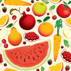 Seamless pattern with various whole and sliced fruits, berries, vegetables. Summer vector background with juicy fruits, suitable for wallpaper, wrapping paper, fabric, textile, design.