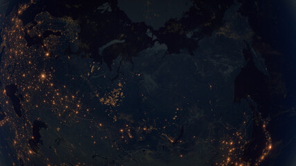Fototapeta na wymiar Earth at Night. 3D Illustration of Earth Bathed in City Lights at Night. City Lights of Asia and Europe. North Hemisphere. Russia. Country Borders.