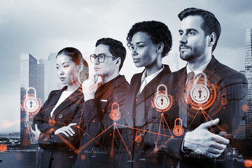 Group of business colleagues as a part of multinational corporate team working on project to protect clients information at cybersecurity compliance division. IT lock icons over Singapore