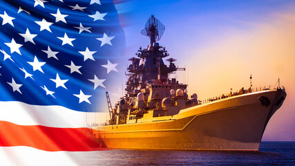 Battleship on the background of the American flag. American flag and military ship. American army. Participation in military conflicts on the water.The Navy of the United States. Warships of the world © Grispb
