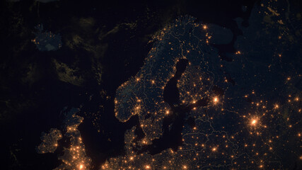 Earth at Night. 3D Illustration of Earth Bathed in City Lights at Night. City Lights of Scandinavia. Country Borders. - obrazy, fototapety, plakaty