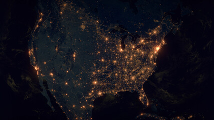 The United States of America. The Night View of City Lights. Planet Earth. Political Borders of American Countries: United States of America, Canada, Mexico. 3D Illustration.