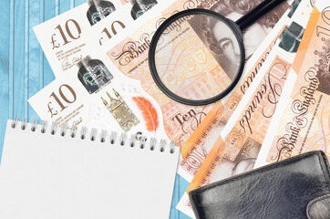 10 British pounds bills and magnifying glass with black purse and notepad. Concept of counterfeit...