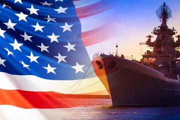 An American ship is moored in the Harbor. Ship on the background of the us flag. American fleet....