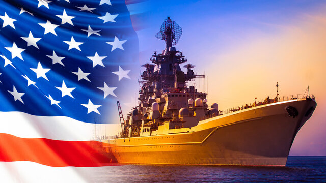 Battleship on the background of the American flag. American flag and military ship. American army. Participation in military conflicts on the water.The Navy of the United States. Warships of the world