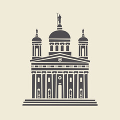 Icon or stencil of a stylized old administrative building with architectural columns, pediment and steps. Decorative vector illustration of building facade isolated on a light background