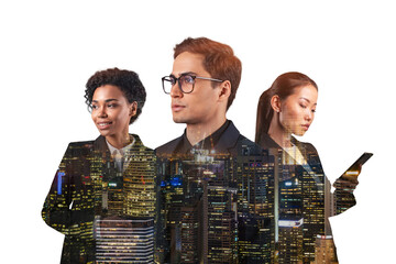 Double exposure of three young, successful, business people, man and woman, standing in front of Asian city Singapore background. Concept of hard work and study. Modern life way. Night time.