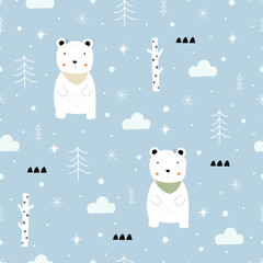 Seamless pattern vector Winter background with white bear and snow Hand drawn design in cartoon style, use for fabric, fashion, textiles.