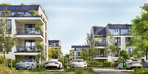 Modern residential buildings with solar panels.  Low-energy houses and electric car parking
