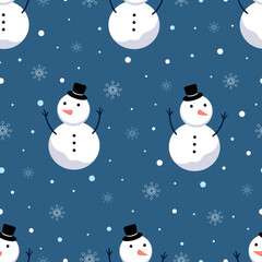 Seamless pattern vector Christmas background with snowmen and snowflakes Hand drawn design in cartoon style, use for print, decorative wallpaper, textile.