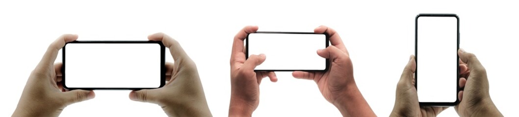 Hand holding, New version of black slim smartphone similar to iphone x with blank white screen from Apple generation 10 , Front mockup model similar to iPhonex , Background of digital economy.