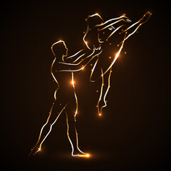 Ballet. Couple dancing ballet. Ballerina and her partner. Pair statement. Man dancer supports waist ballerina while jumping. Abstract silhouette of two dancers with golden light outline. Eps10 Vector  © Yurii
