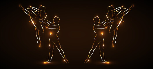 Simultaneous performance of two pairs of ballet. Two male dancers partner support for waist while performing a jump. Two ballet dancers floating in the air. Silhouette dancers with light outline. © Yurii