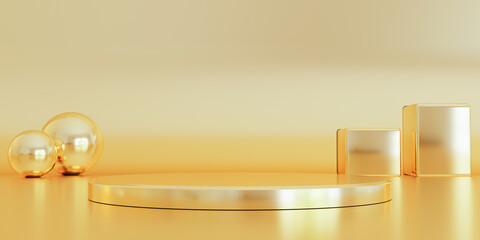 Modern gold background and empty gold circle stage. Future modern interior concept. showcase for product, 3d rendering