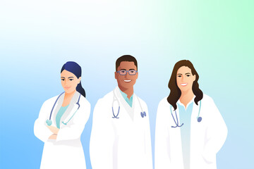 Fototapeta premium Three doctors in white coats with a stethoscope on a gradient background. Professional treatment. Medical workers concept. 