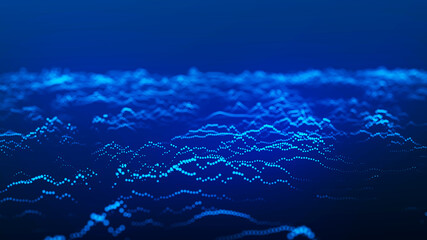 Abstract background with a dynamic wave. Wave of particles. Abstract technology flow background. Big data visualization. 3d rendering.