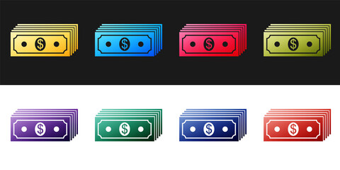 Set Paper money american dollars cash icon isolated on black and white background. Money banknotes stack with dollar icon. Bill currency. Vector.