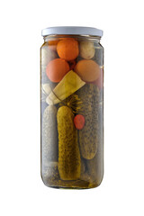 Glass jar with homemade pickles from cucumbers, tomatoes and sweet peppers carved on a white background.