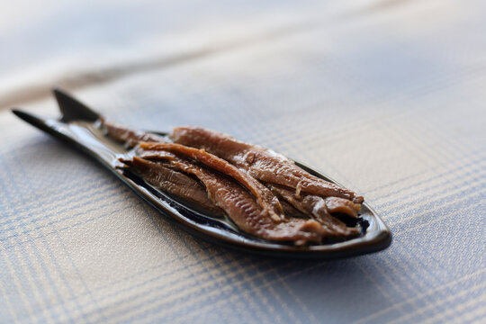 Canned anchovies caught in the Cantabrian Sea plated in a blue fish shaped plate served on a blue squared tablecloth. Anchovy is a typical high quality delicious tapas dish from the northern Spain.
