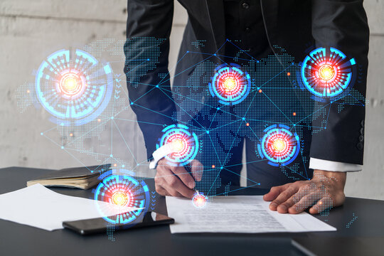 Businessman in suit signs contract. Double exposure with world map hologram. Man signing agreement international business concept. - Powered by Adobe