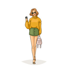 Hand drawn young fashion woman in beautiful look. Sketch drawing cute girl hipster, trendsetter or influencer with stylish outfit, dressed in trendy clothes. Vector illustration.